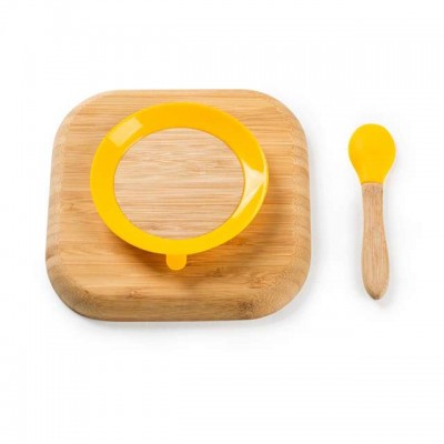 100% bamboo is BPA free and environmentally friendly bamboo baby square plate with spoon